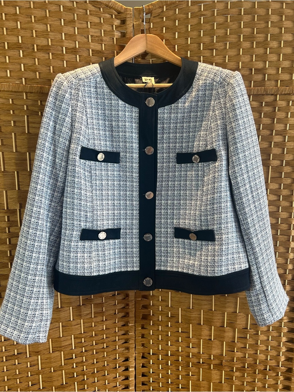 Anne Klein NWT Boucle Tweed Jacket XL Navy Chanel Style Silver Button Blazer